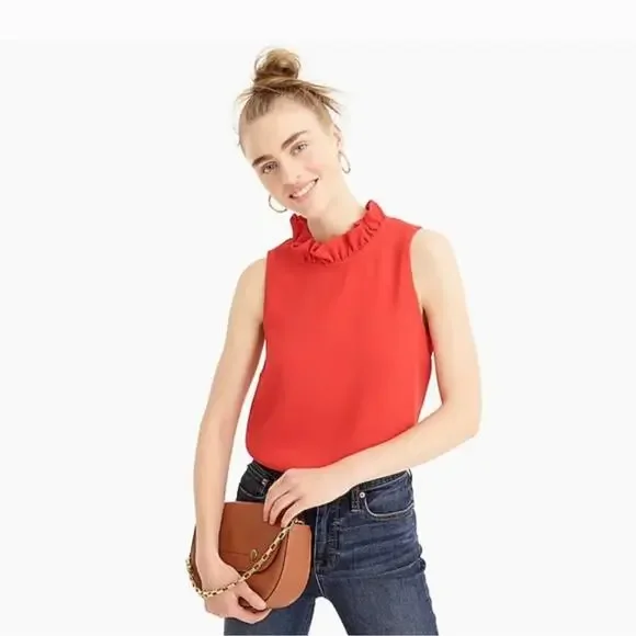 J Crew Red Ruffle Neck Business Casual Tank top Women's size Medium - Picture 1 of 6